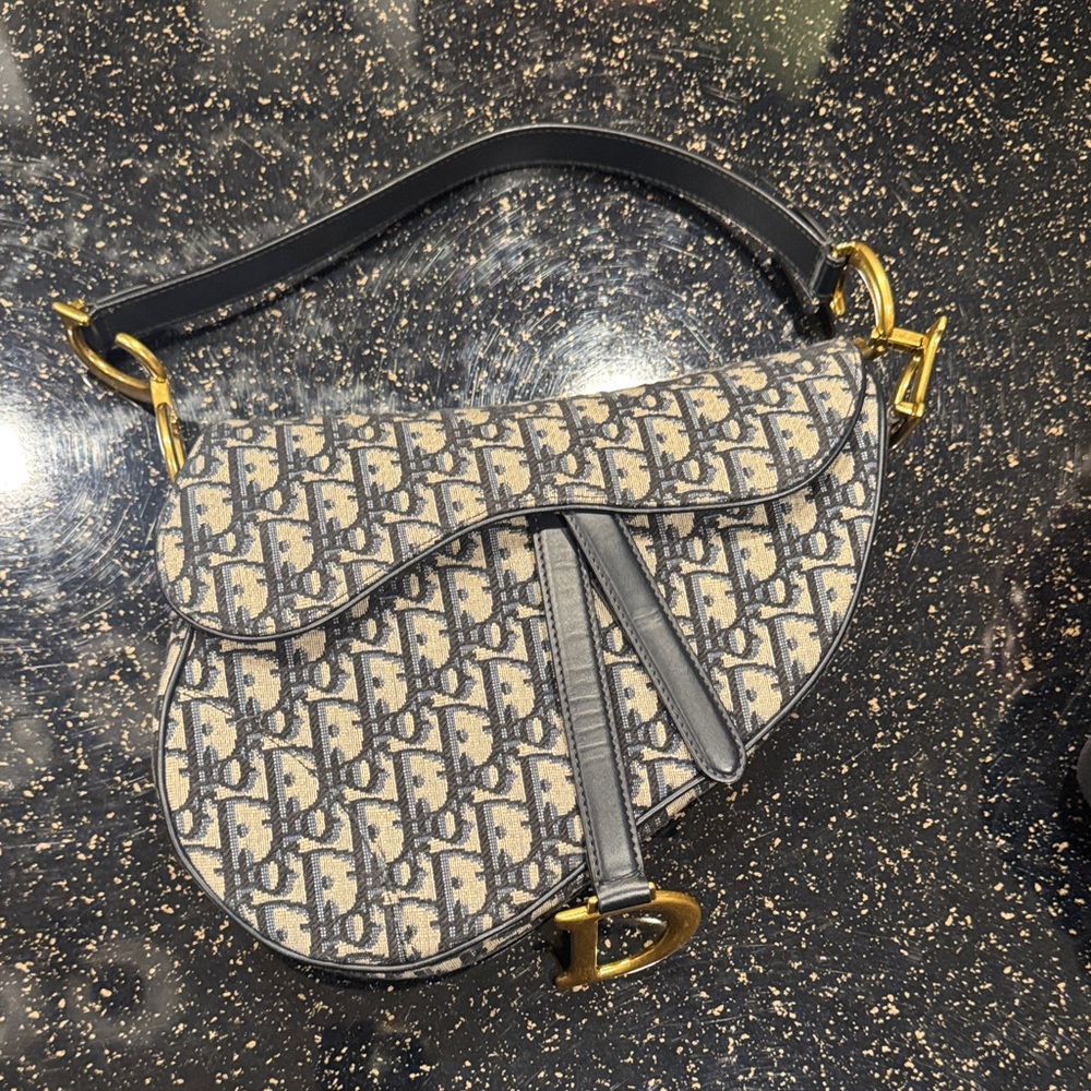Dior Saddle Bag in Navy and Cream with Gold Accents